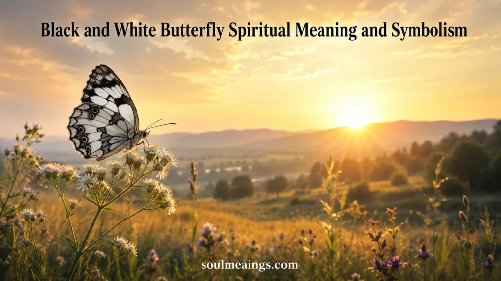 Black and white butterfly on flowers in soft morning light.