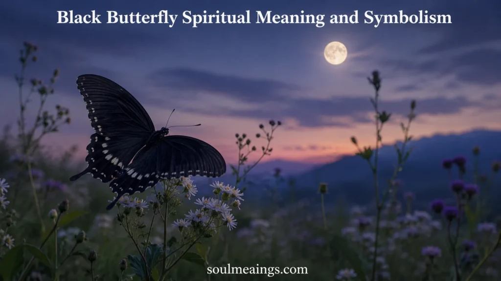 A black butterfly with dark wings resting on flowers at sunset.