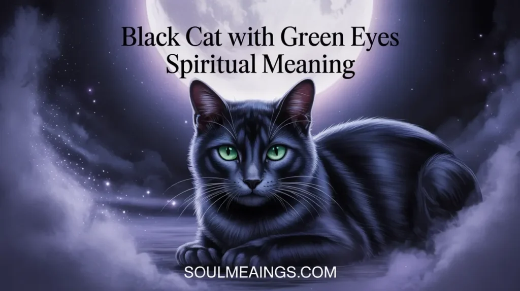 Black cat with bright green eyes glowing in the dark