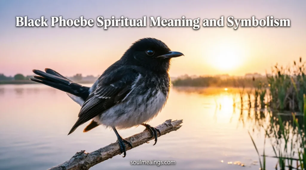 Black phoebe bird sitting on a branch near water in soft morning light