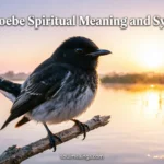 Black phoebe bird sitting on a branch near water in soft morning light
