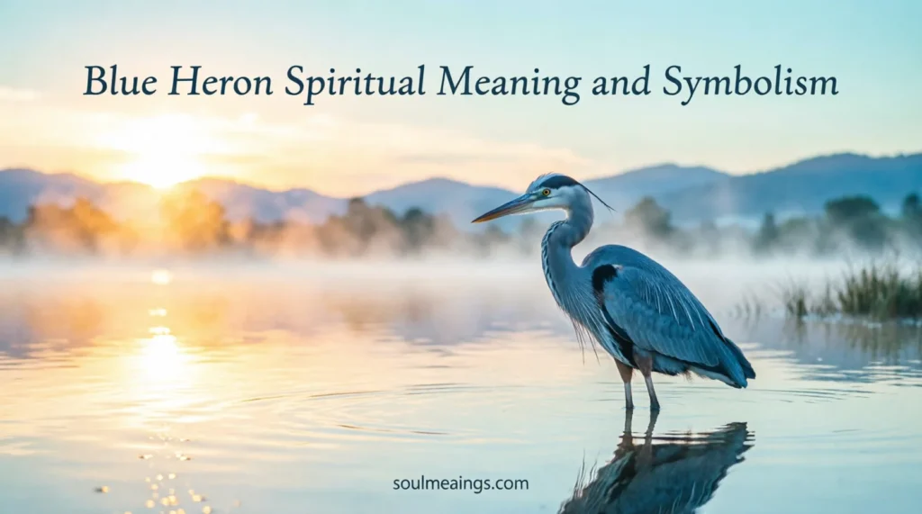 Blue heron standing in water at sunrise with soft mist