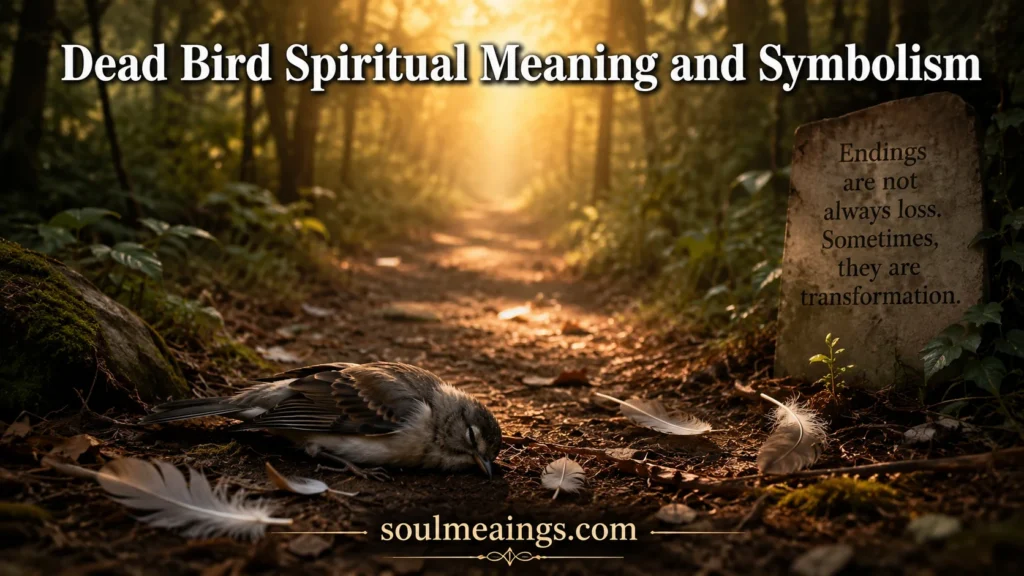 A fallen bird resting on a forest path surrounded by feathers and sunlight.