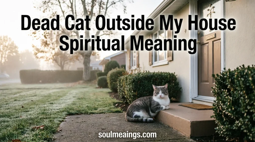A still cat lying outside a home entrance in soft morning light.