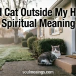 A still cat lying outside a home entrance in soft morning light.