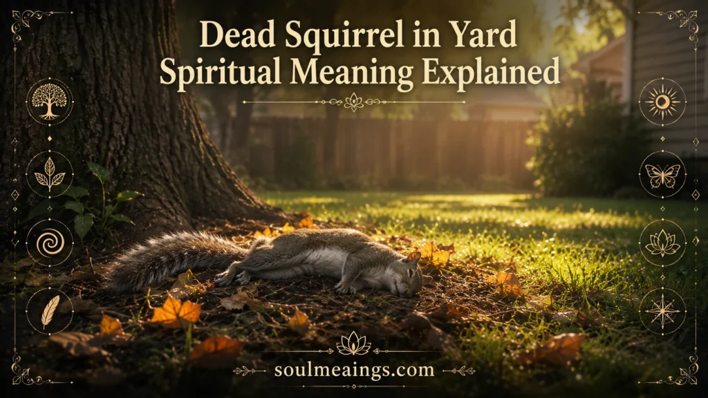 A dead squirrel lying under a tree in a peaceful backyard setting