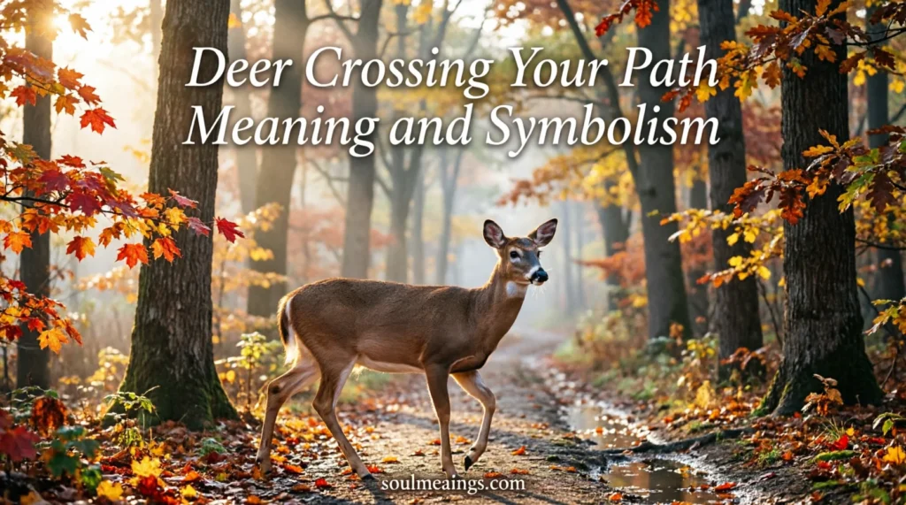 A deer crossing a wooded path during sunrise.