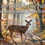 A deer crossing a wooded path during sunrise.