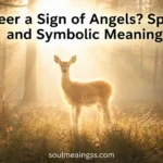 A calm deer in a forest surrounded by warm glowing light.