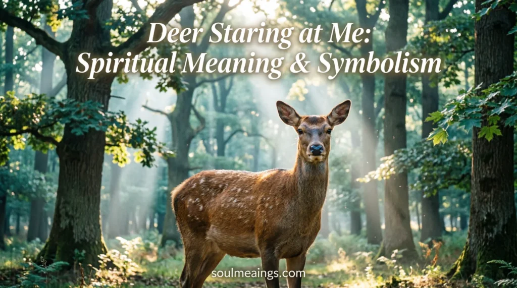 A deer looking directly forward in a quiet forest.