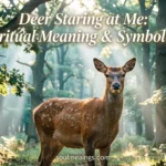 A deer looking directly forward in a quiet forest.