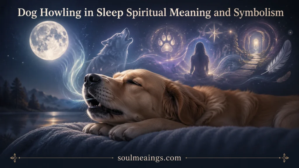 Sleeping dog gently howling in dream state under soft moonlight