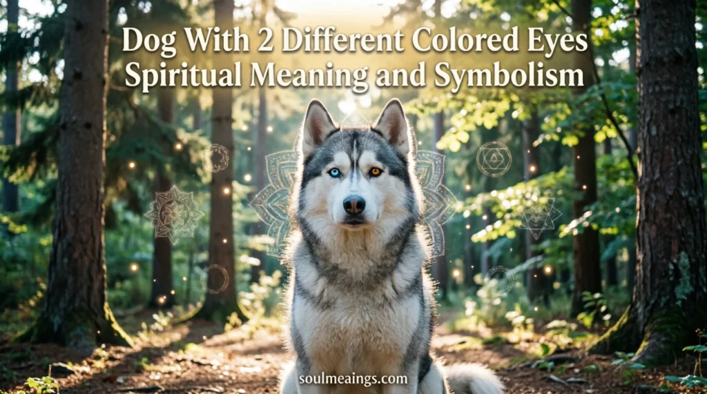 A dog with one blue eye and one brown eye looking peacefully forward.