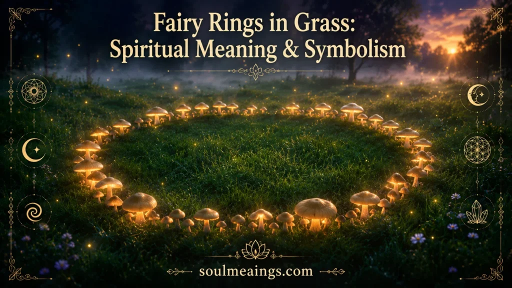 Circular ring of mushrooms forming a fairy ring in grass at twilight.
