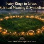 Circular ring of mushrooms forming a fairy ring in grass at twilight.