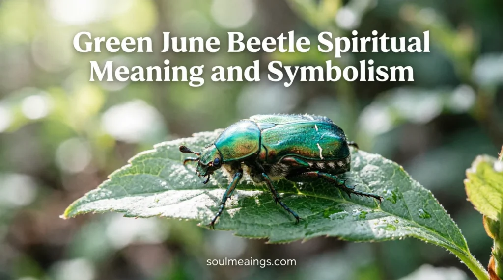 Shiny green June beetle resting on a leaf