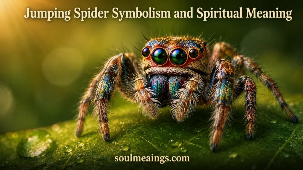 Close-up of a jumping spider with large eyes on a green leaf.