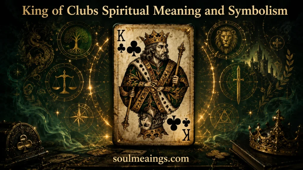 Illustration of the King of Clubs playing card with spiritual and symbolic details.