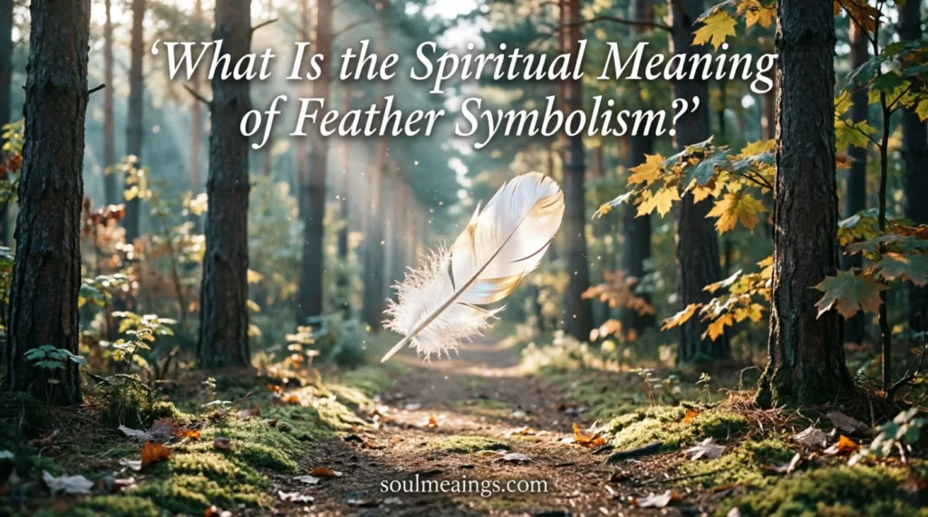 A white feather drifting through sunlight in a peaceful natural setting.
