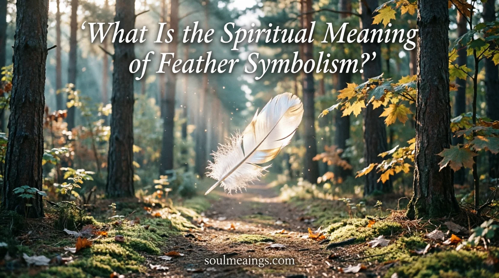 A white feather drifting through sunlight in a peaceful natural setting.