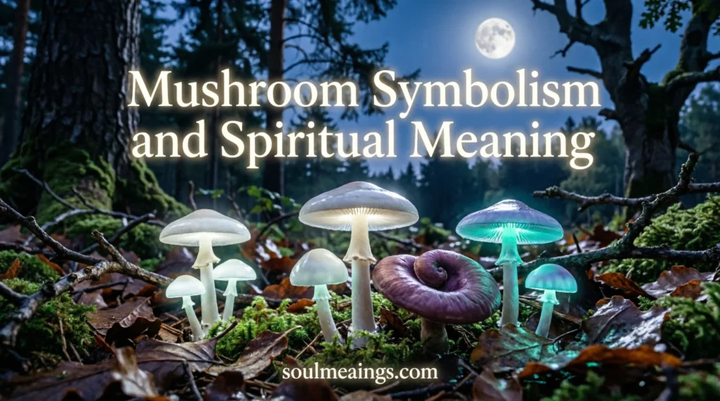 Mushrooms growing in a forest with soft glowing light.
