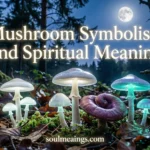 Mushrooms growing in a forest with soft glowing light.