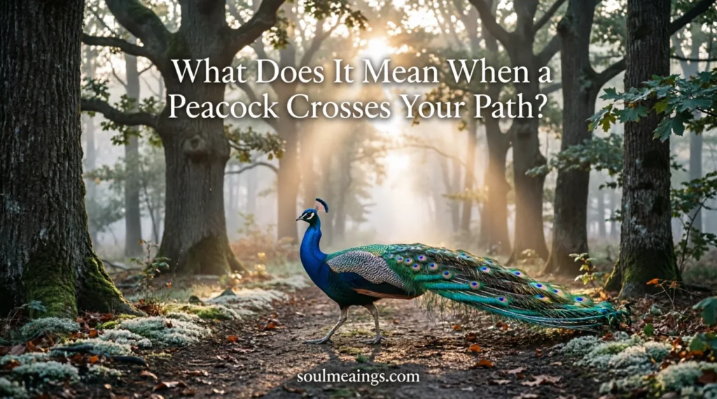 A colorful peacock crossing a wooded path during sunrise.