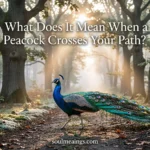 A colorful peacock crossing a wooded path during sunrise.