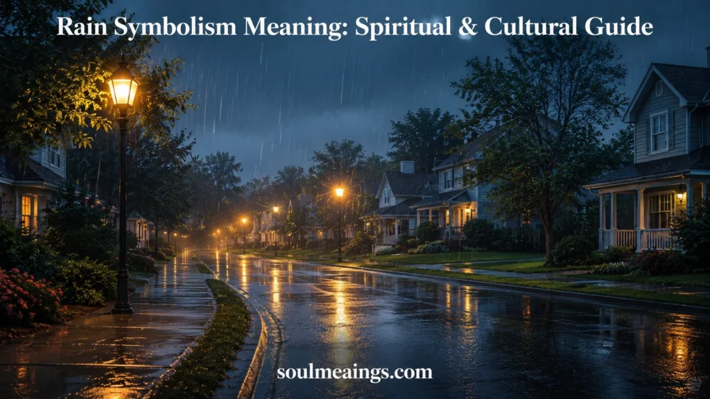 Gentle rain falling on a quiet neighborhood street at dusk