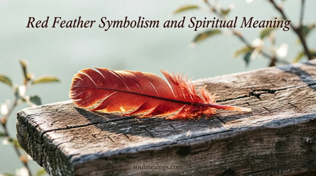 A bright red feather lying on a wooden surface in warm light.