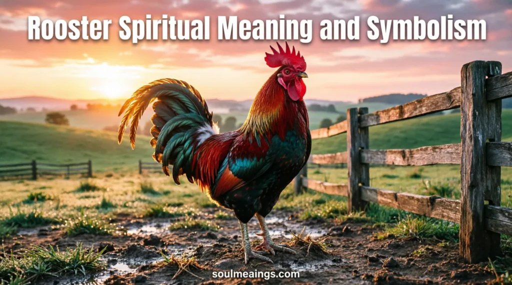 Rooster crowing at sunrise on a farm