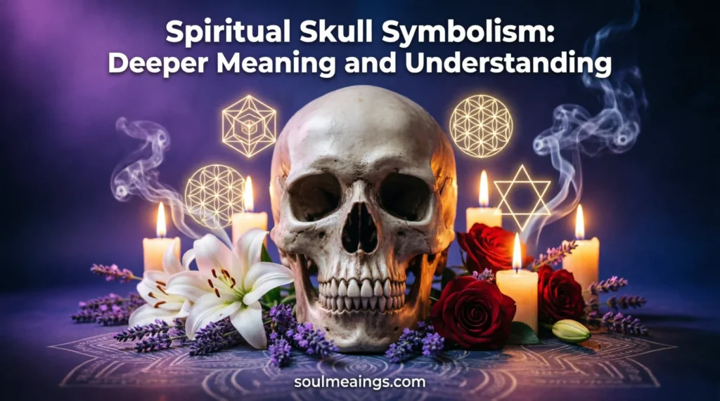 Decorative spiritual skull with flowers and symbolic patterns.