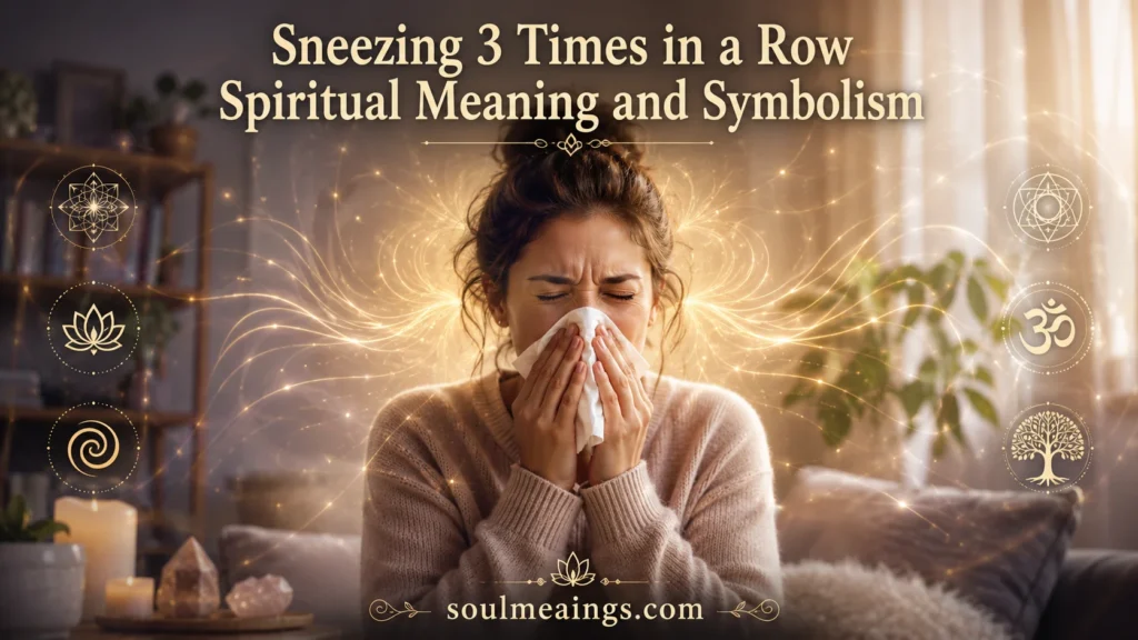 Person sneezing three times with symbolic glowing energy