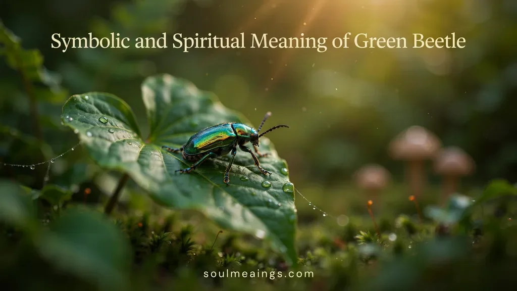 Bright metallic green beetle sitting on a green leaf outdoors.