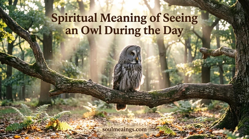 Owl perched on a tree branch in daylight surrounded by soft sunlight.