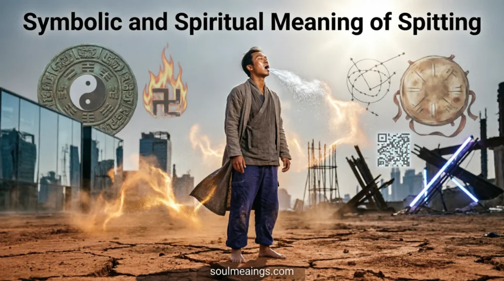 Artistic depiction of spitting symbolism across spiritual and cultural traditions.