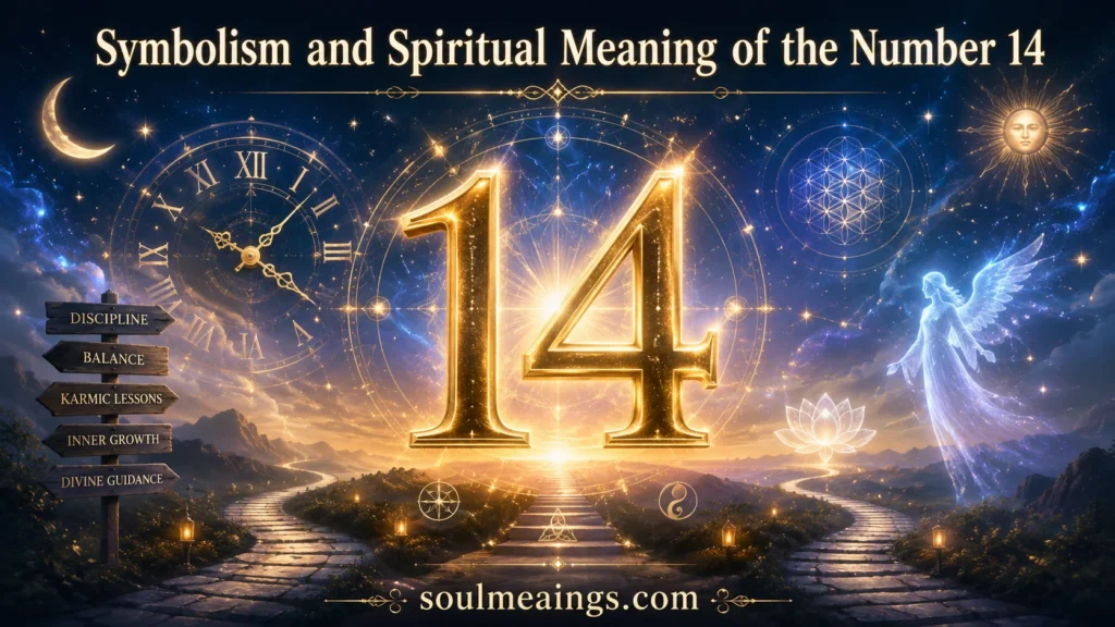 Stylized number 14 with spiritual and symbolic imagery around it.