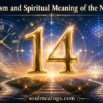 Stylized number 14 with spiritual and symbolic imagery around it.