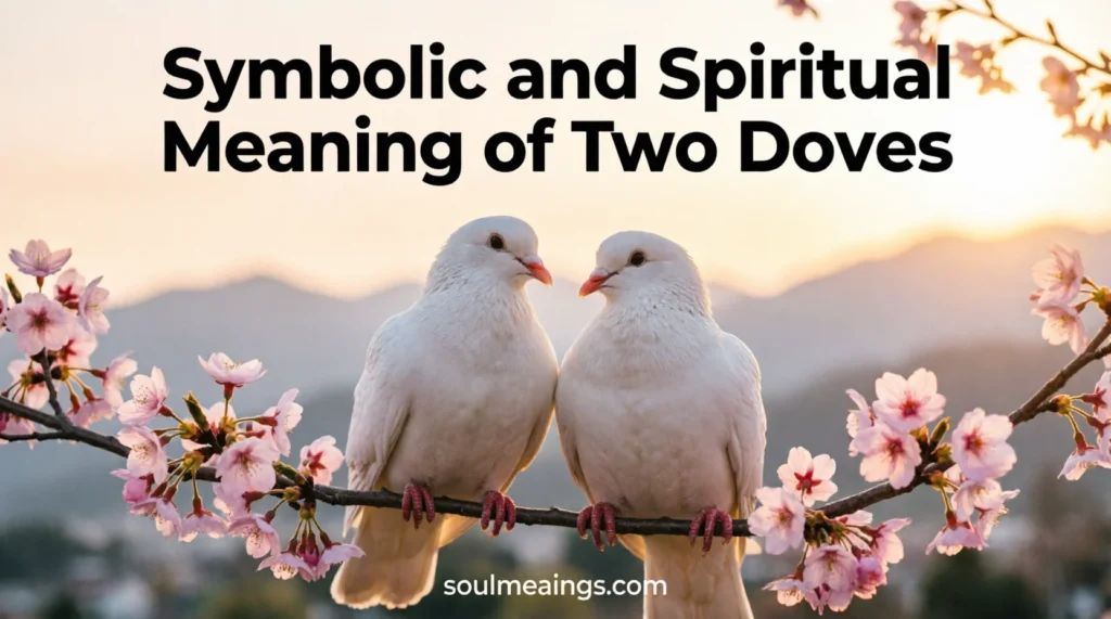 Two white doves sitting closely together on a tree branch.