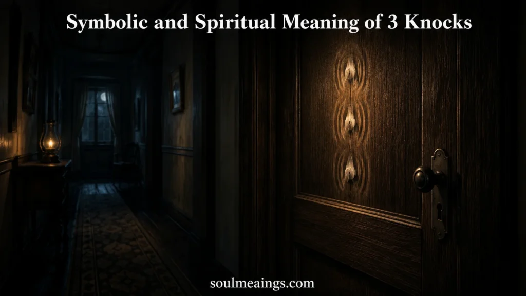 Three knocks on an old wooden door at night.