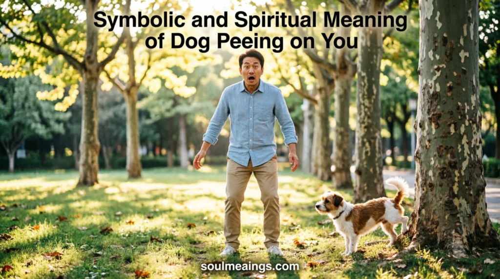Dog peeing near a person outdoors in a symbolic setting