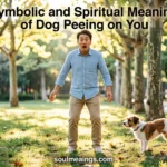 Dog peeing near a person outdoors in a symbolic setting
