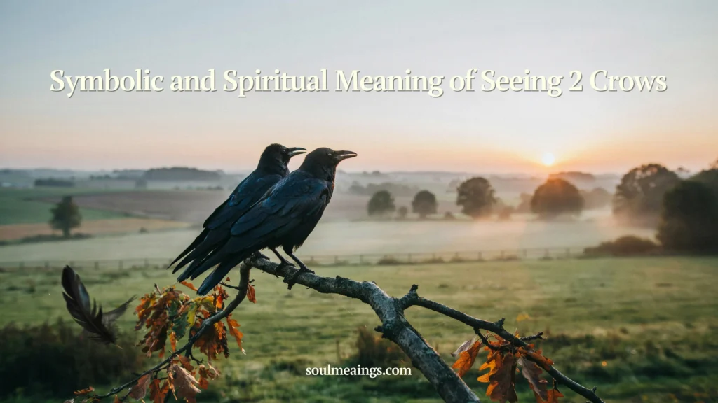 Two black crows sitting together on a tree branch at sunrise.