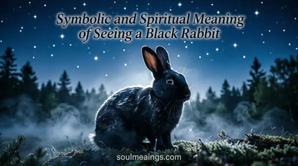 Black rabbit sitting quietly under moonlight in a misty forest.