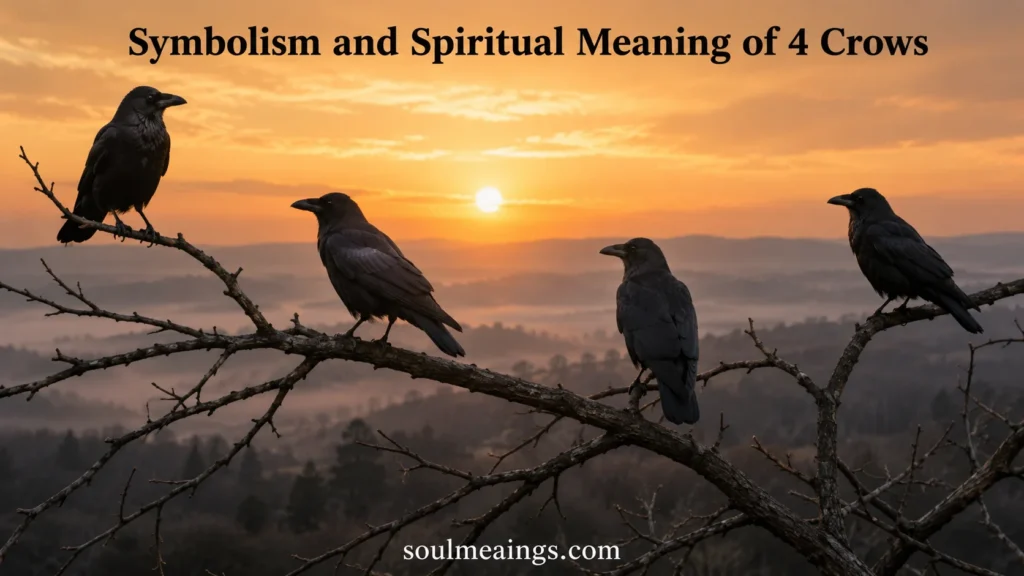 Four black crows sitting together on tree branches during sunrise.