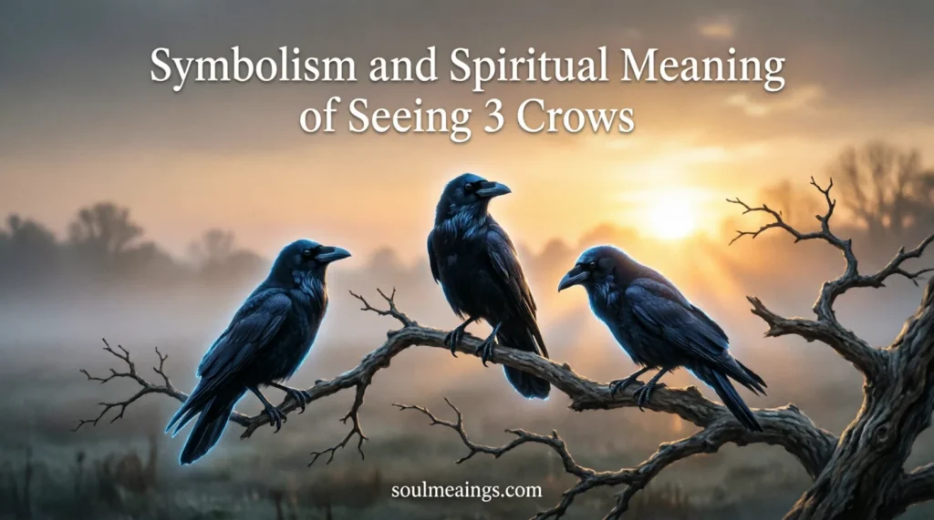 Three black crows sitting together on tree branches during sunrise.
