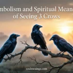 Three black crows sitting together on tree branches during sunrise.