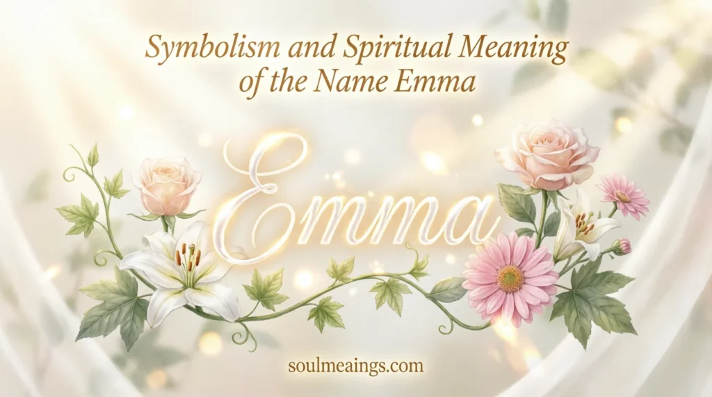 The name Emma in elegant lettering with soft light and floral elements Emma symbolizes strength, warmth, and timeless simplicity.