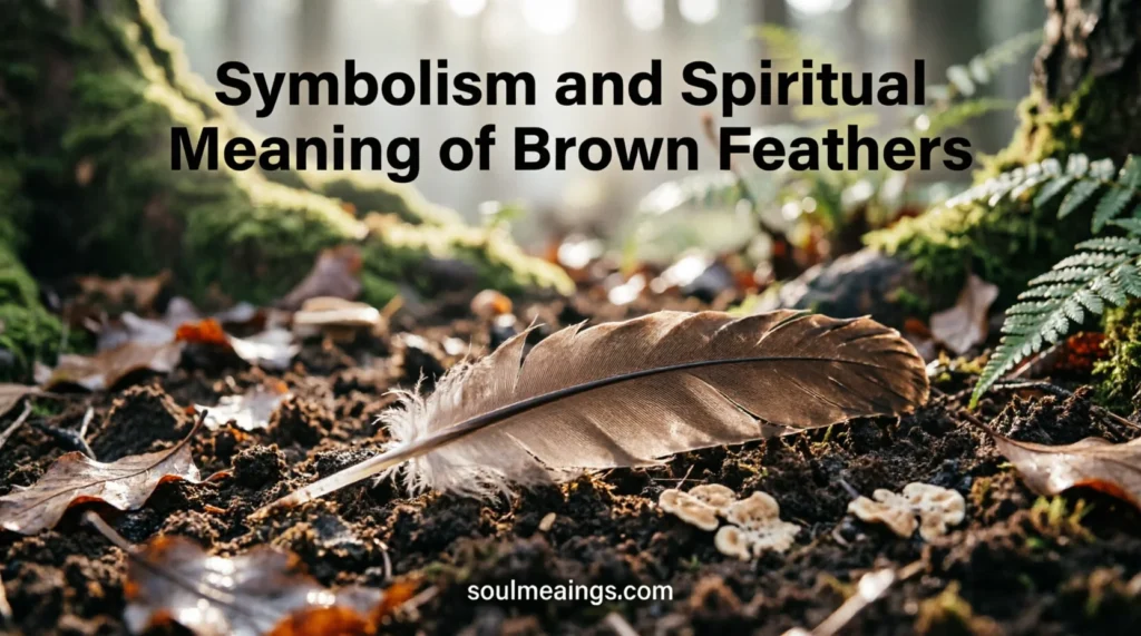 A single brown feather lying on the ground in a quiet forest.