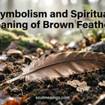 A single brown feather lying on the ground in a quiet forest.